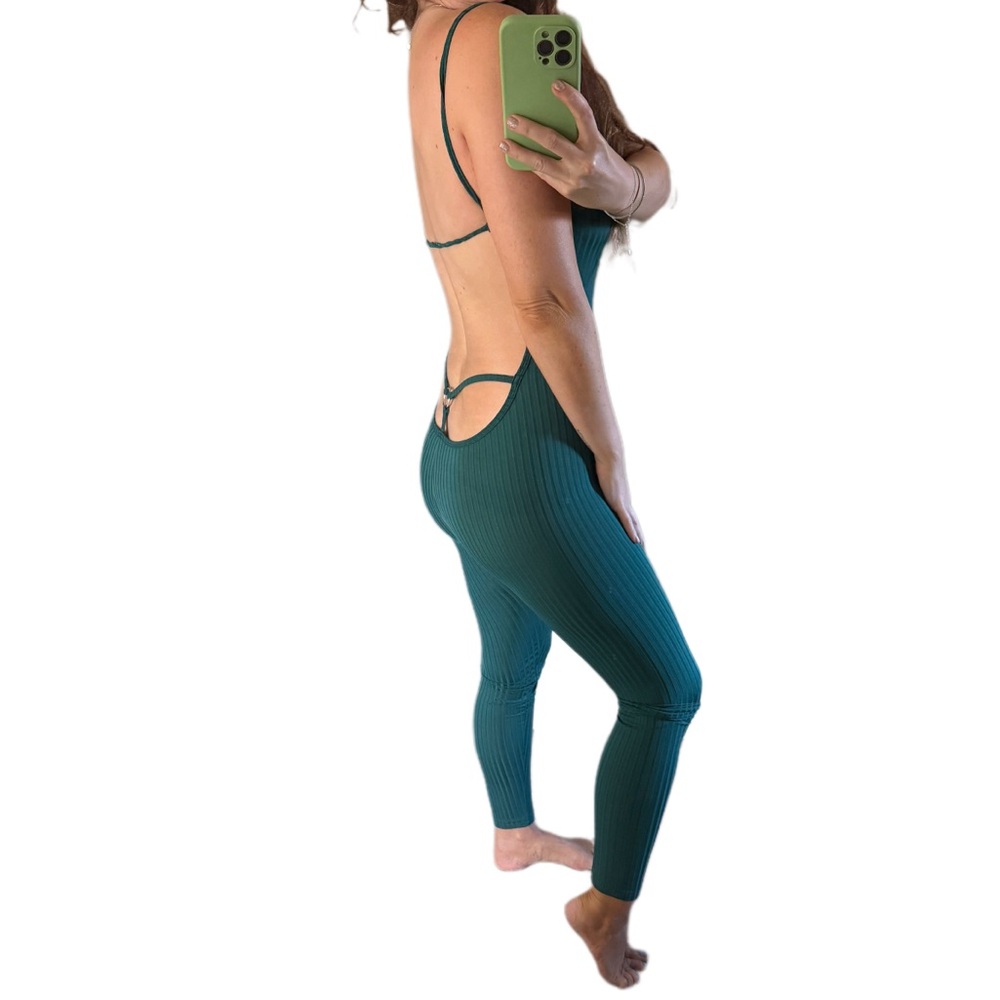 RARE Green ribbed Strappy Backless Jumpsuit flared leggings one piece Sz medium